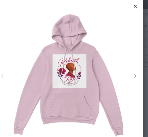 Light Pink Rebirth of a Rose pullover hoodie with rose and portrait artwork on the front.