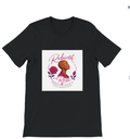 Black Rebirth of a Rose unisex T-shirt with portrait and pink rose artwork on the front.