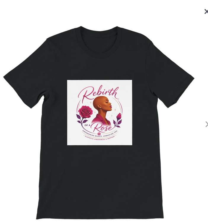 Black Rebirth of a Rose unisex T-shirt with portrait and pink rose artwork on the front.