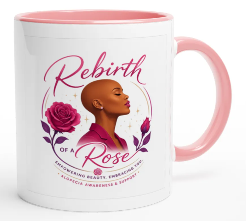 White Rebirth of a Rose ceramic mug with pink handle and interior, featuring portrait and rose artwork.