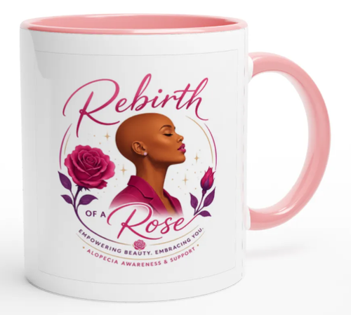 White Rebirth of a Rose ceramic mug with pink handle and interior, featuring portrait and rose artwork.