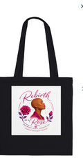 Black Rebirth of a Rose tote bag with portrait and pink rose artwork on the front.