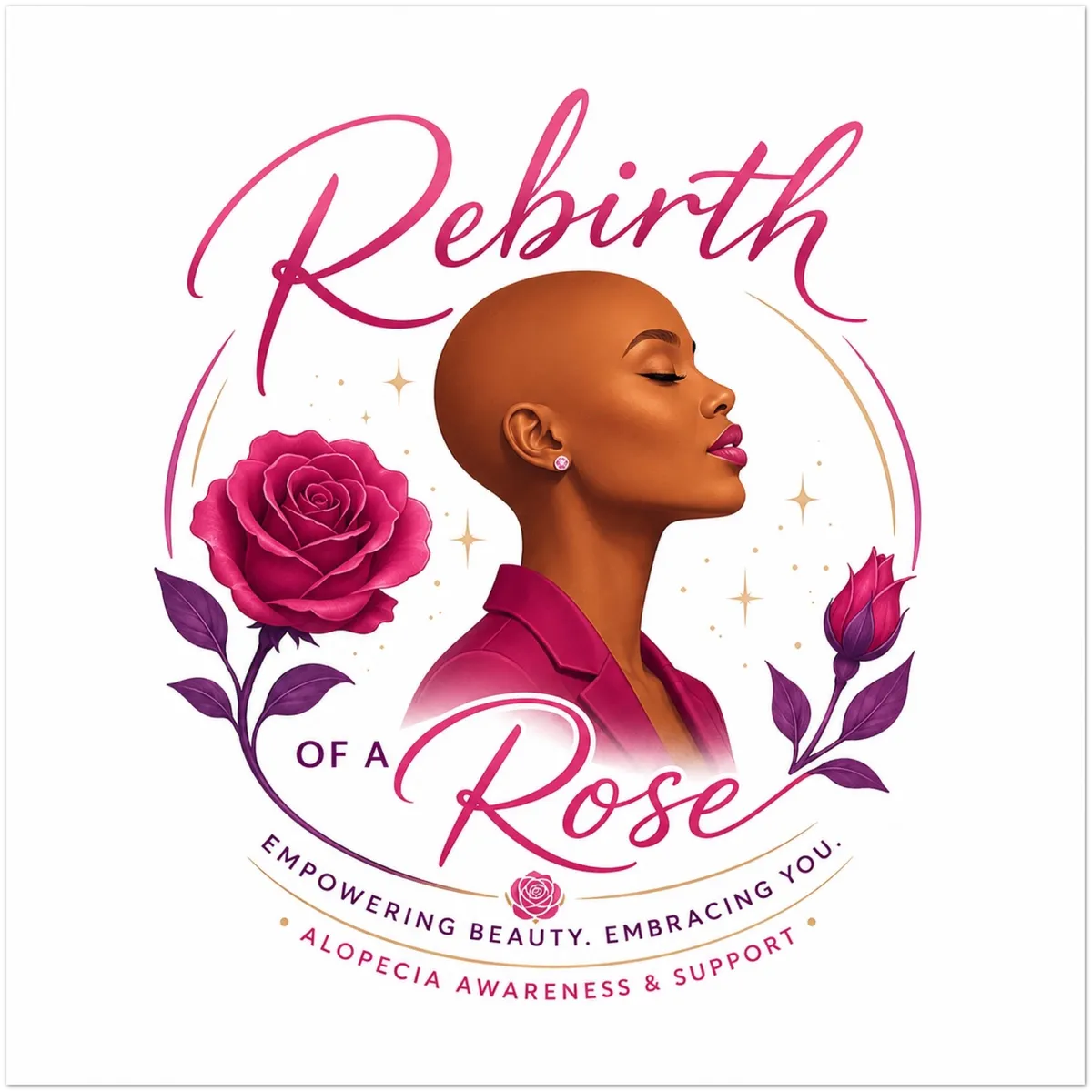 Rebirth of a Rose artwork featuring a woman in profile, pink roses, and alopecia awareness and support lettering.