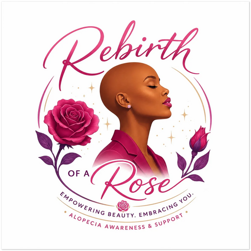 Rebirth of a Rose artwork featuring a woman in profile, pink roses, and alopecia awareness and support lettering.